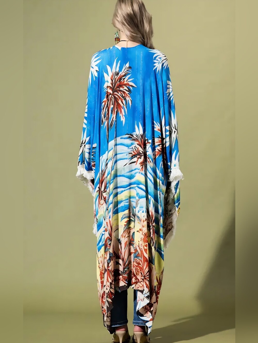 1190 Tropical Print Fringe Duster Coatigan - Blue & Yellow - Picture 3 of 3